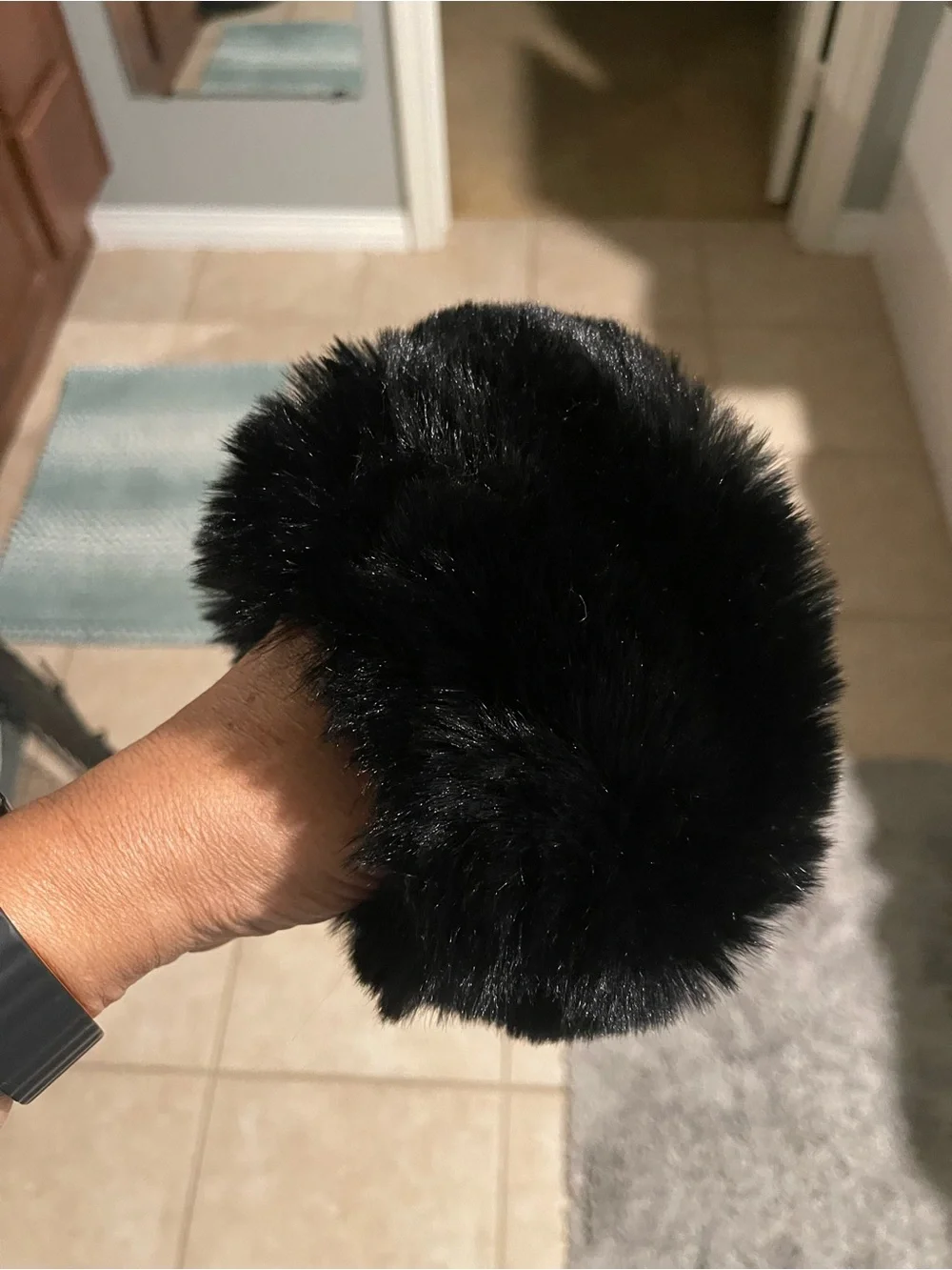 Black Faux Fur Pom Pom Scrunchie - Stylish Accessory New